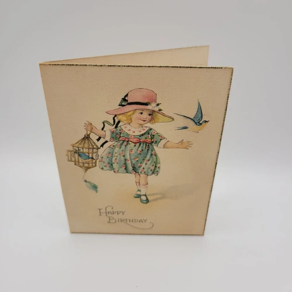 Vintage Happy‎ Birthday Card Girl Bird Illustration Sentimental Poem Crafting